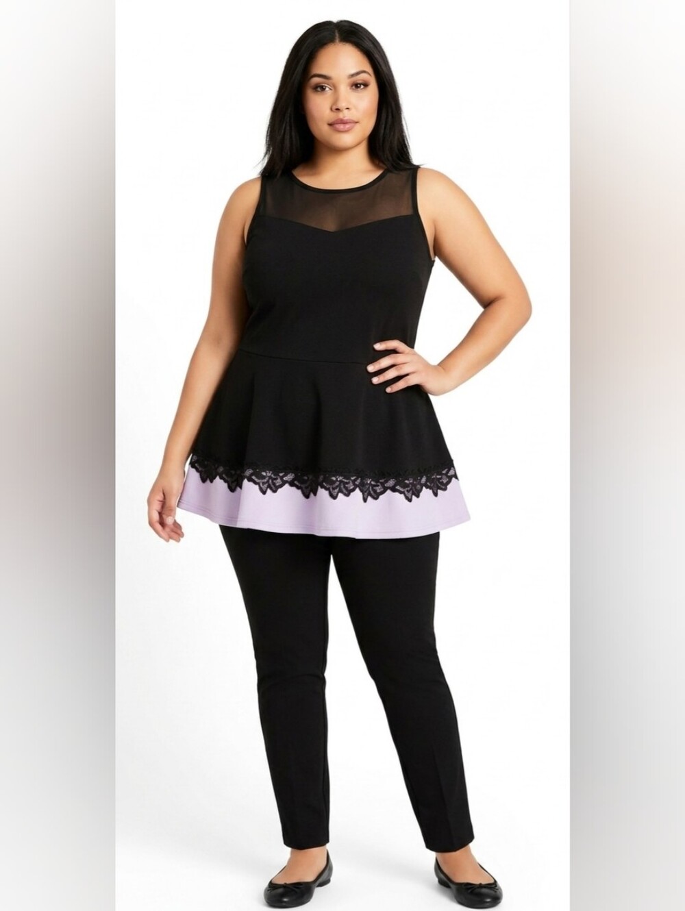 Ashley Stewart Women's Peplum Top Lace Sheer Sleeveless Black NWT 12